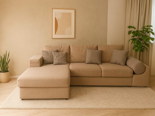 Colțar la comandă în L, bej, compact, cu șezlong și brațe rotunjite