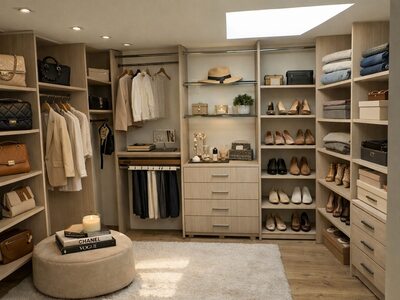 Dressing la comandă din lemn deschis cu rafturi pentru pantofi, sertare și iluminare caldă