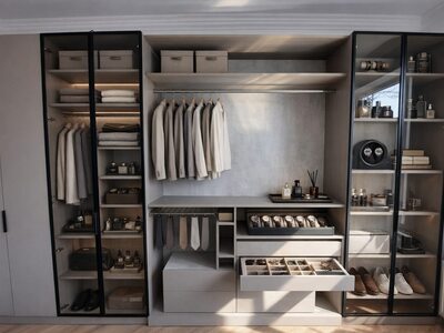 Dressing la comandă cu uși din sticlă și ramă neagră, compartimente pentru costume, accesorii și sertare pentru bijuterii