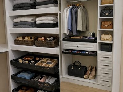 Dressing la comandă alb tip walk-in cu tăvi glisante pentru pantofi, rafturi pentru genți și sertare