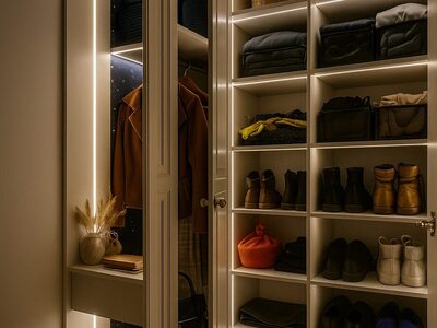 Dressing la comandă crem cu iluminare LED, compartimente pentru încălțăminte, haine și oglindă cu ramă