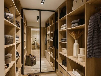 Dressing la comandă tip walk-in din lemn natural cu rafturi deschise pe ambele laturi și oglindă glisantă