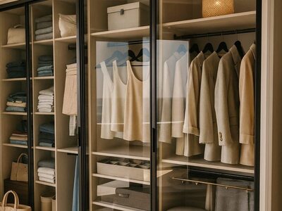 Dressing la comandă din lemn cu uși glisante din sticlă și ramă neagră, rafturi pentru haine și accesorii