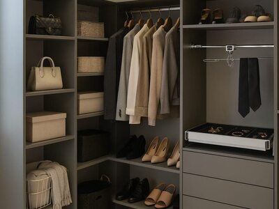 Dressing la comandă tip colț gri antracit cu iluminare LED, rafturi deschise, suport pentru accesorii și sertare