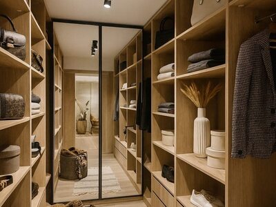 Dressing la comandă tip walk-in din lemn deschis cu spoturi orientabile, rafturi pe ambele laturi și oglindă