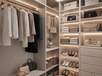 Dressing la comandă modern alb cu rafturi iluminate, spații pentru pantofi și sertare