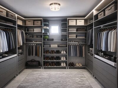 Dressing la comandă gri modern cu iluminare LED, rafturi și organizare pentru costume