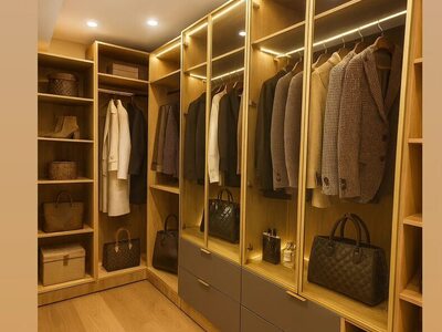 Dressing la comandă din lemn cu iluminare caldă, vitrine și sertare moderne