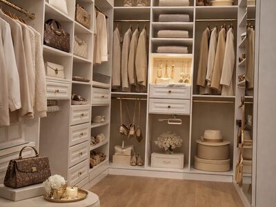 Dressing la comandă elegant alb cu compartimentare simetrică și iluminare ambientală