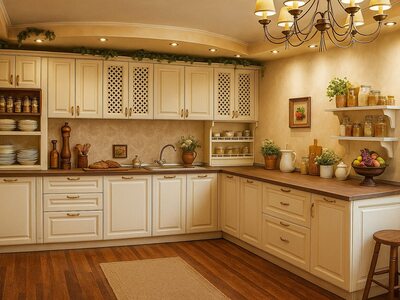 Bucătărie la comandă clasică în nuanțe crem cu blat din lemn