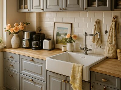 Bucătărie la comandă modernă în nuanțe bej cu insulă compactă