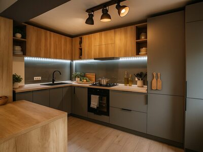 Bucătărie la comandă minimalistă cu mobilier gri și blat din lemn