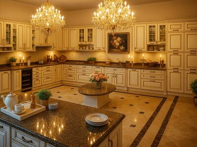 Bucătărie la comandă modernă cu mobilier albastru și blat din lemn