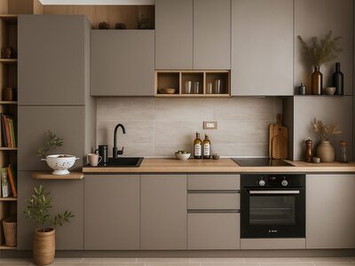 Bucătărie la comandă clasică spațioasă cu mobilier crem și insulă