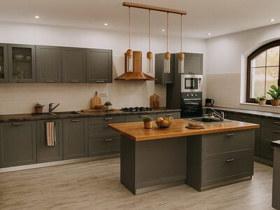 Bucătărie la comandă minimalistă cu mobilier gri mat și insulă centrală