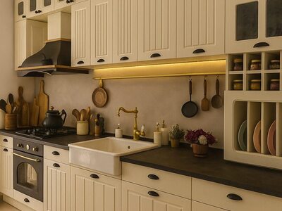 Bucătărie la comandă clasică în nuanțe deschise cu design tradițional