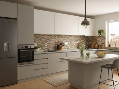 Bucătărie modernă albă cu backsplash mozaic și insulă centrală