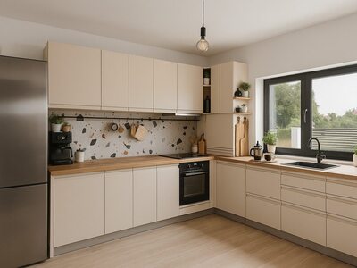 Bucătărie în formă de L crem cu blat din lemn și fereastră mare