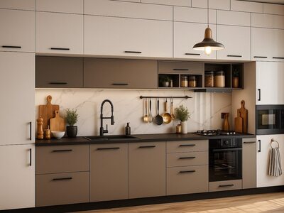 Bucătărie modernă bej cu electrocasnice încorporate și blat din lemn