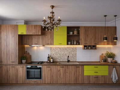 Bucătărie la comandă modernă cu finisaj lemn și accente verzi