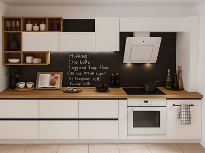 Bucătărie modernă cu spații deschise și corpuri suspendate