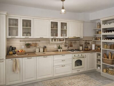 Bucătărie minimalistă albă cu perete decorativ tip tablă