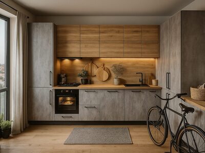 Bucătărie modernă gri cu accente industriale și blat din lemn