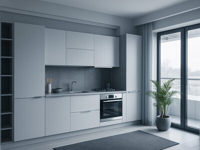 Bucătărie minimalistă gri deschis cu lumină naturală și geam mare