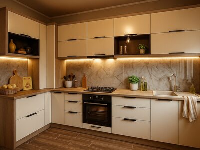 Bucătărie modernă crem cu iluminare LED și blat din lemn