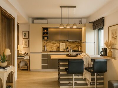 Bucătărie la comandă modernă cu insulă și mobilier în nuanțe închise