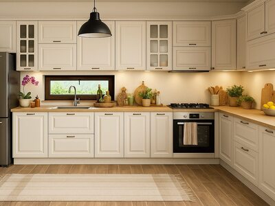 Bucătărie la comandă clasică albă cu blat din lemn și spațiu generos