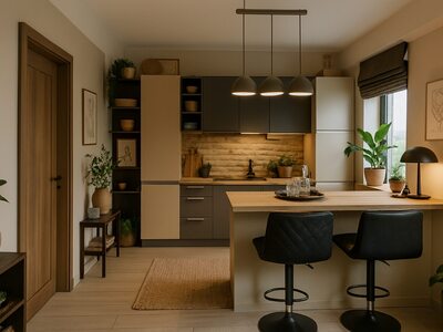 Bucătărie la comandă modernă cu insulă și mobilier în tonuri neutre