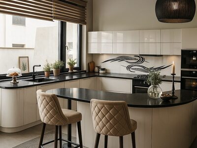 Bucătărie la comandă modernă cu insulă și mobilier în nuanțe gri și lemn