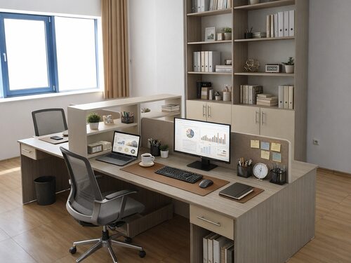 Mobilier de birou la comandă pentru două posturi de lucru, cu bibliotecă înaltă și corpuri cu uși