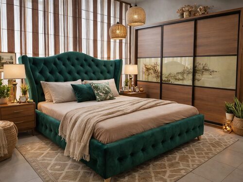 Dormitor complet la comandă, cu dulap cu uși culisante decorative și pat tapițat verde