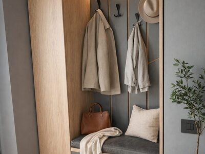 Mobilier de hol modern cu riflaje din lemn, oglindă și bancă tapițată