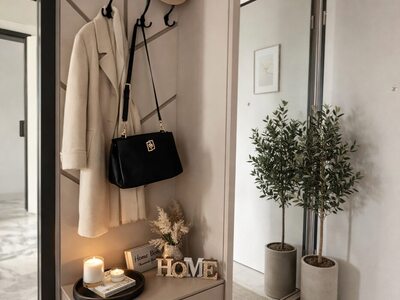 Mobilier pentru hol alb cu oglindă rotundă și rafturi iluminate