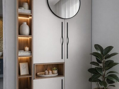 Mobilier de hol modern cu dulap alb, oglindă rotundă și polițe decorative