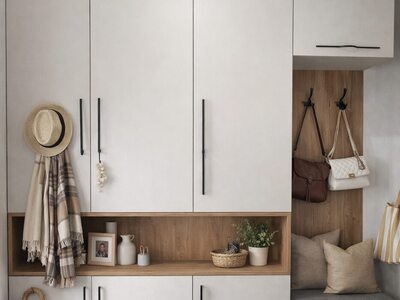 Mobilier de hol modern alb cu spații de depozitare și bancă integrată