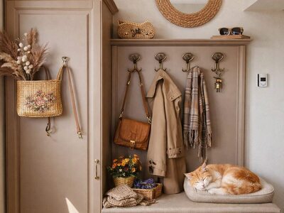 Mobilier de hol clasic bej cu cuier, dulap și banchetă tapițată