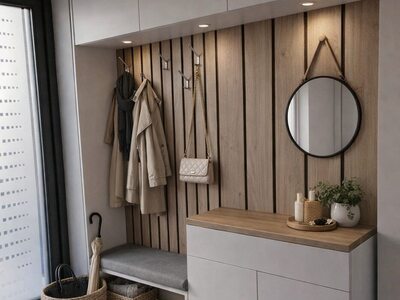 Mobilier de hol modern cu riflaje din lemn, bancă și dulap suspendat