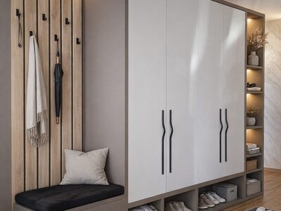 Mobilier de hol modern alb cu bancă, cuier și dulap spațios