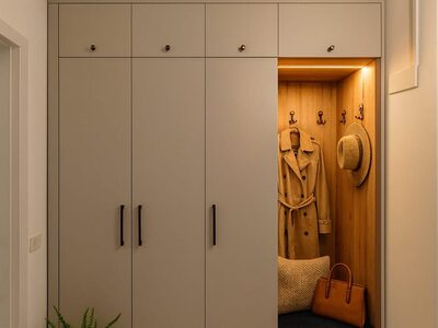 Mobilier de hol compact bej cu dulapuri și banchetă iluminată