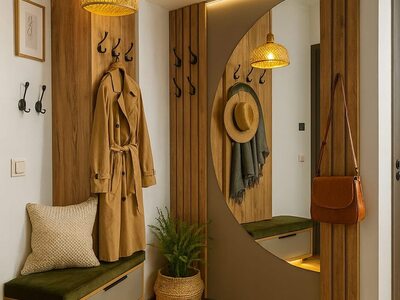 Cuier pentru hol cu oglindă rotundă, bancă și panouri din lemn