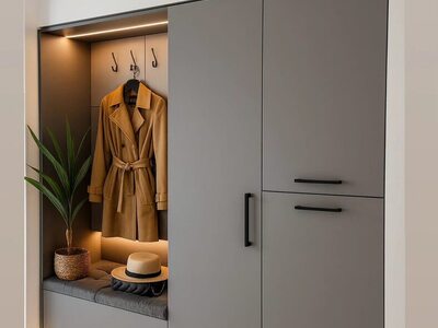 Cuier pentru hol gri cu bancă tapițată și iluminare LED integrată