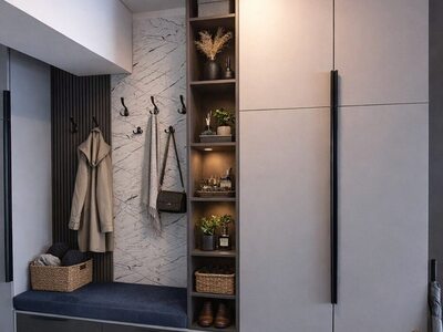 Mobilier de hol modern cu dulap mare, oglindă și panou cuier