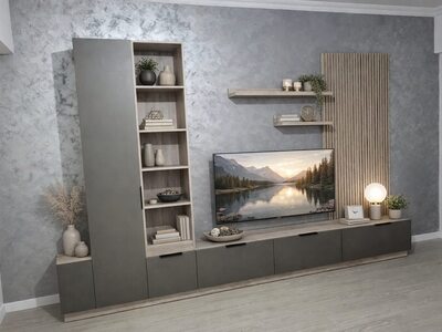 Mobilă living la comandă gri cu bibliotecă deschisă, comodă TV joasă cu sertare și rafturi flotante cu panou riflat