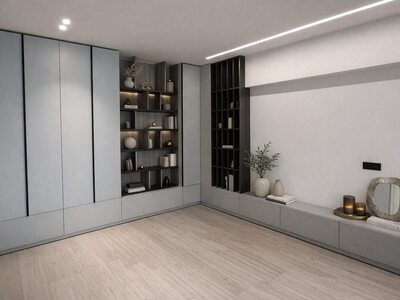 Mobilă living la comandă gri cu dulap înalt pe toată înălțimea, bibliotecă cu iluminare și comodă TV joasă cu sertare