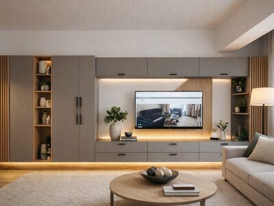 Mobilă living la comandă gri cu lemn natural, dulapuri înalte, rafturi iluminate cu LED și comodă TV cu sertare