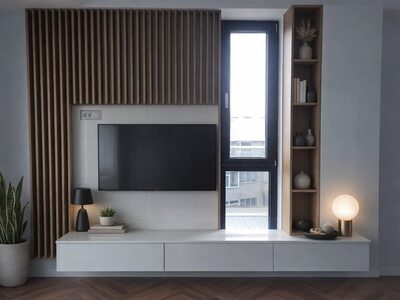 Mobilă living la comandă albă cu comodă TV suspendată, panou riflat din lemn și bibliotecă laterală deschisă